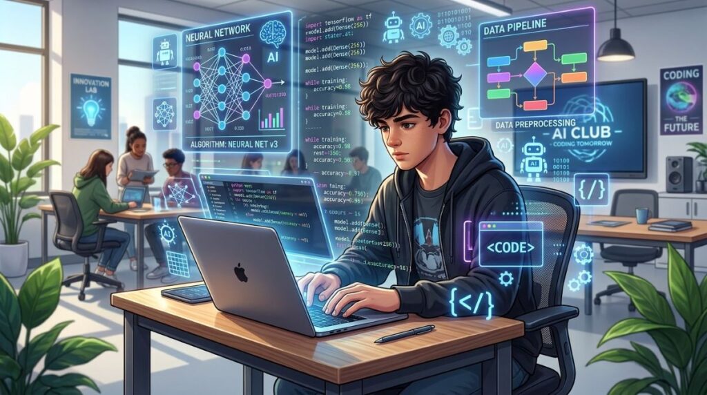 Student coding on a laptop with programming and AI elements representing computer science studies and careers