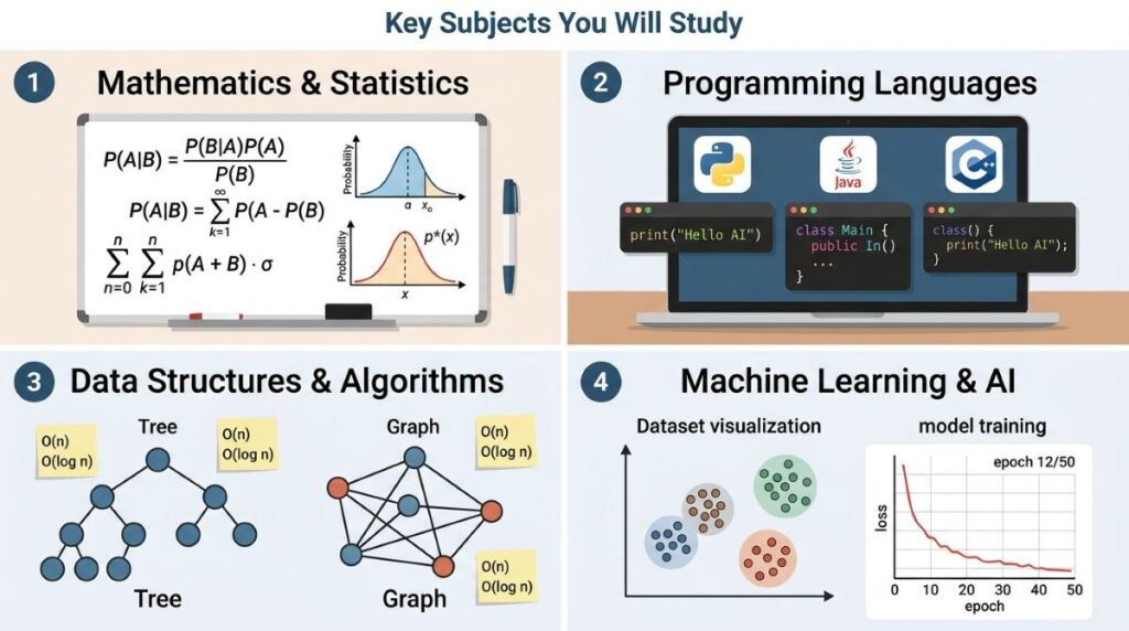Four-panel infographic labeled: Math & Statistics; Programming (Python/Java/C++); Data Structures & Algorithms; Machine Learning & AI.