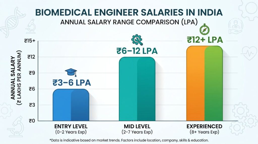 Biomedical engineering salary in India chart showing entry mid and senior levels