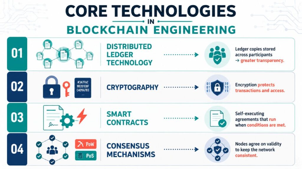 Vertical infographic showing four blockchain technologies: Distributed Ledger, Cryptography, Smart Contracts, Consensus.