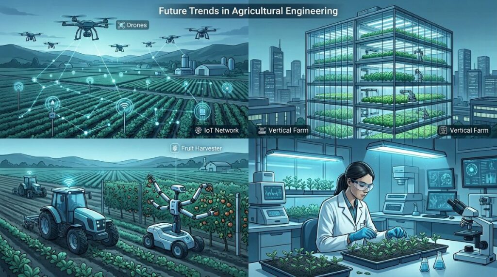 Split-scene of drones and sensors on fields, a vertical farm tower, automation robots including a self-driving tractor and fruit-picking robot, and a scientist with drought-resistant seedlings.