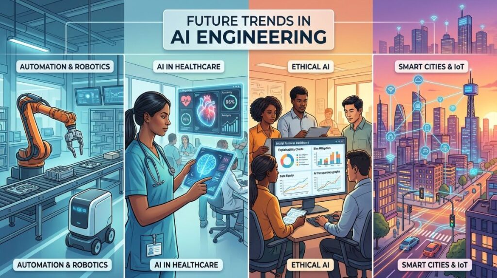 Split-scene showing robotics/automation, a doctor using AI diagnostics, engineers reviewing fairness dashboards, and an IoT‑connected smart city.