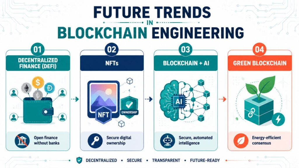 Horizontal infographic showing four blockchain trends: DeFi, NFTs, Blockchain+AI, Green blockchain.
