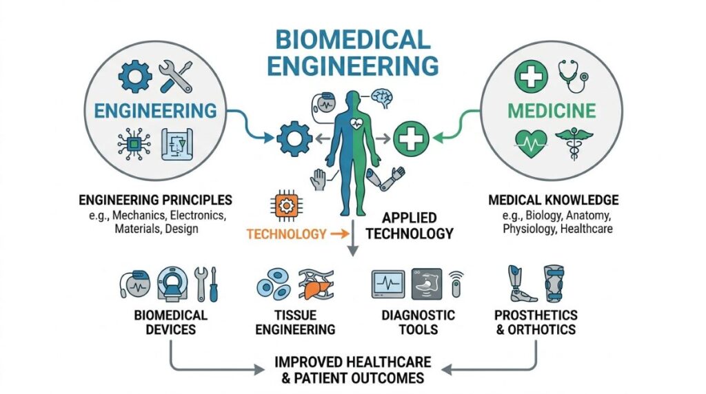 Diagram explaining biomedical engineering linking engineering and medicine