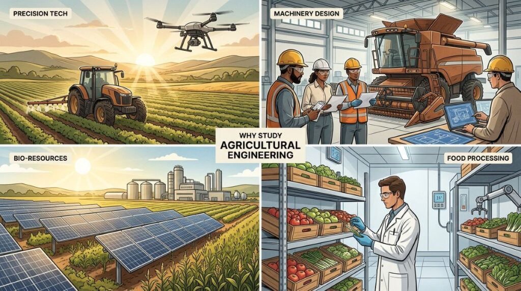 Collage of automated tractor and drone, equipment manufacturing, solar/biofuel field, and cold-storage researcher illustrating career paths in agricultural engineering